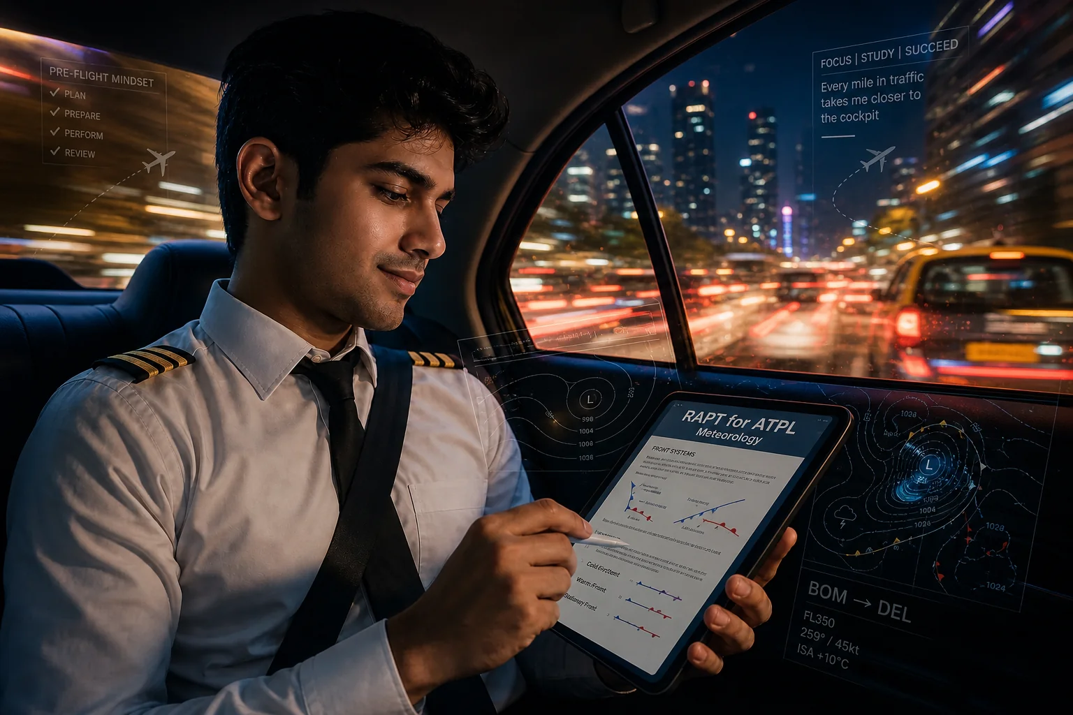 show an image of a young airline pilot about 25 years of age, traveling in a cab towards the airport in dense mumbai traffic and studying RAPT for ATPL and subject Meteorology on his Ipad. confident face with a gentle smile. show them