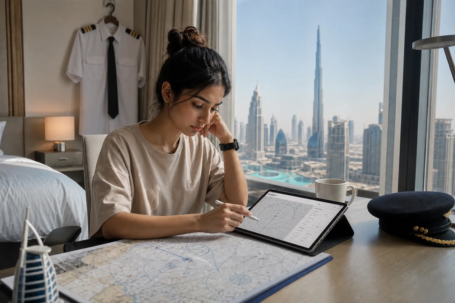 A pilot studying with a structured question bank on a laptop in a bright study room. Rian Air LIGHT poster family: clean bright white canvas with generous white space, natural daylight, brand blue (#1081f2) as the only accent. An Indian