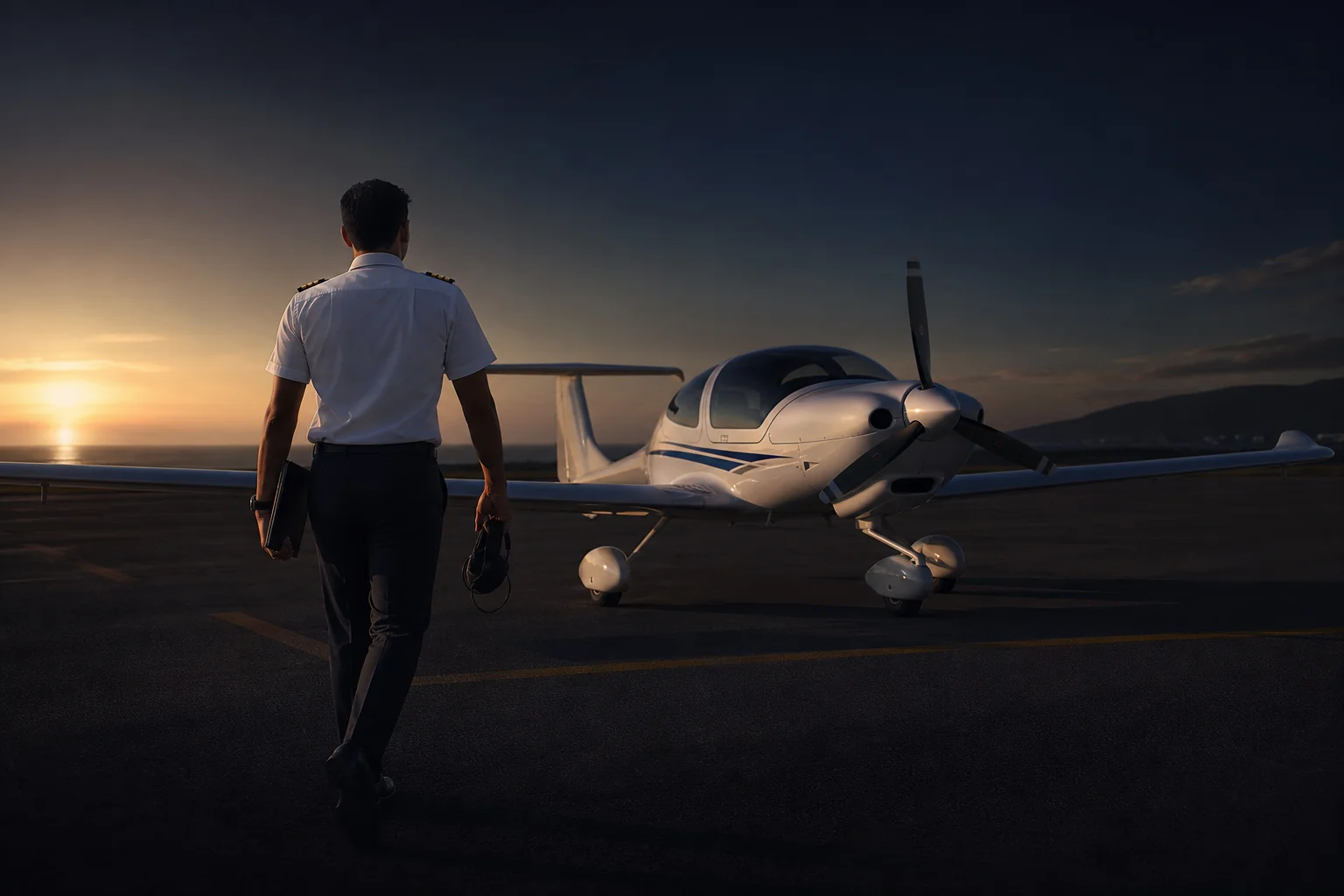 Trainee pilot walking toward a DA40 aircraft on the apron at Monastir with coastline in background. Rian Air DARK poster family: cinematic aviation photograph of a training aircraft on the apron at golden hour, coastline visible in the