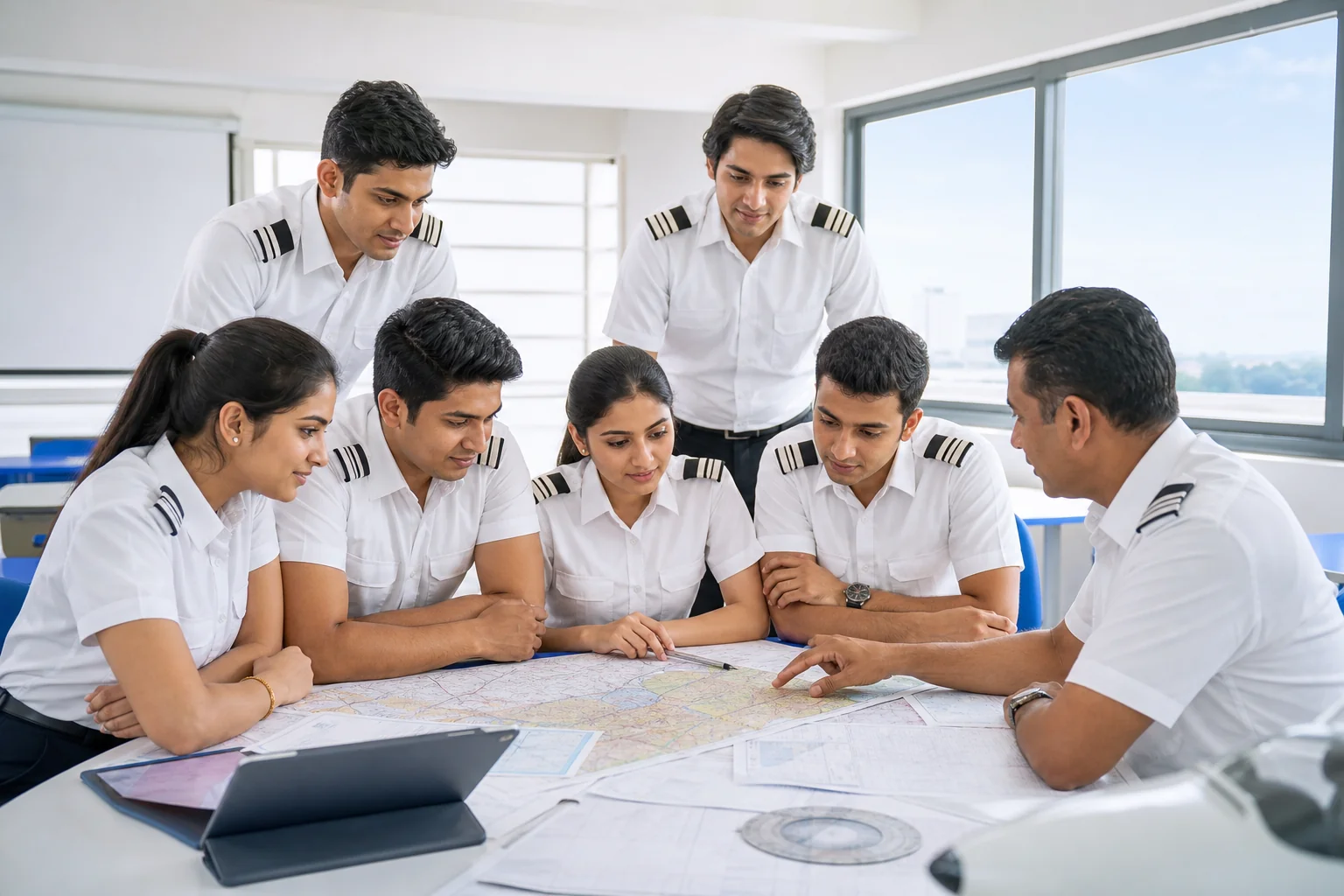 Small group of Indian trainee pilots in ground briefing at flight school in Tunisia. Rian Air LIGHT poster family: clean bright white canvas with generous white space, natural daylight in a flight school briefing room, brand blue #1081f2 as