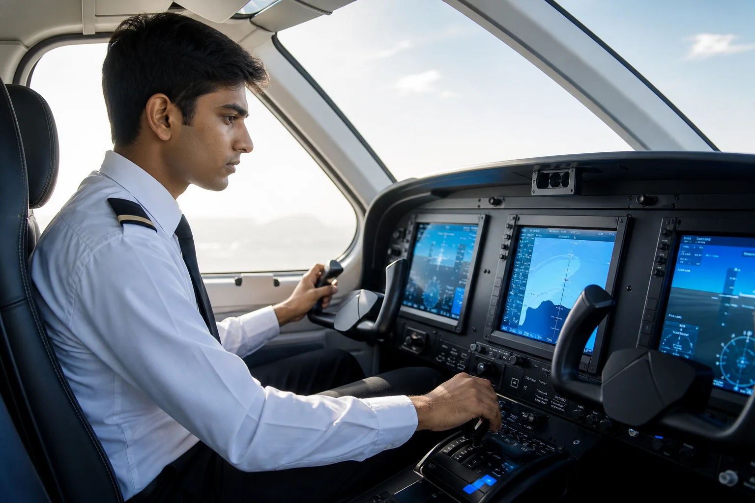 Glass cockpit interior of a DA42 twin-engine trainer with modern avionics displays. Rian Air LIGHT poster family: clean bright white canvas with generous white space, natural daylight streaming into a modern glass cockpit of a twin-engine