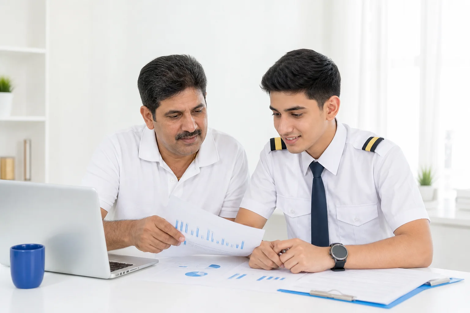 Parent and student reviewing training cost documents and a laptop showing a budget planning table, bright daylight setting. Rian Air clean white: bright white canvas photograph of an Indian parent and a young trainee pilot in a white shirt
