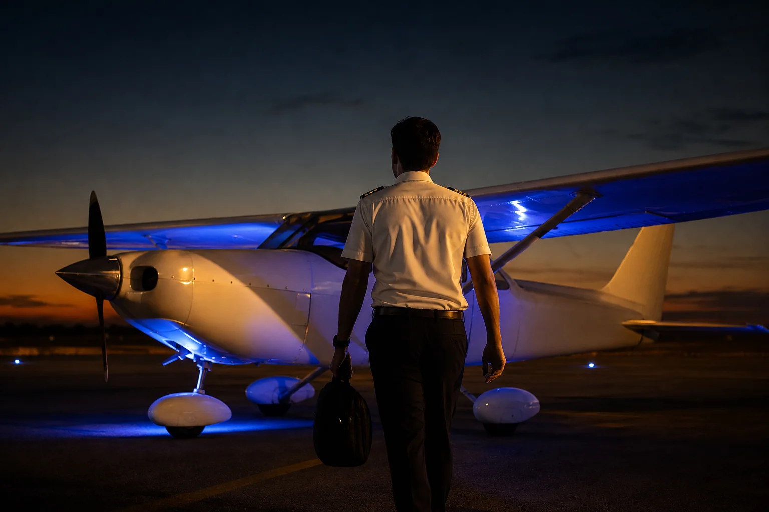 Indian trainee pilot walking towards a Cessna 172 on the apron at an Indian training airfield, contrasted mood of ground-level training. Rian Air dark cinematic: cinematic aviation photograph of an Indian trainee pilot in a white shirt with