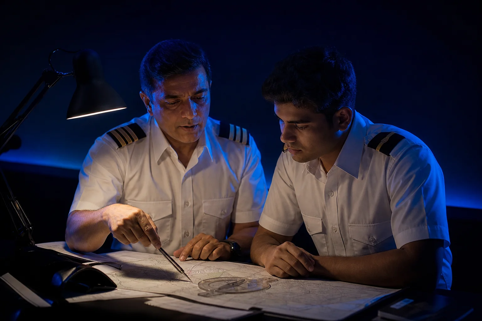 Instructor guiding a student through chart plotting for Air Navigation. Rian Air DARK poster family: cinematic aviation photograph on a near-black deep navy canvas fading to black at the bottom, an Indian instructor and a young Indian male