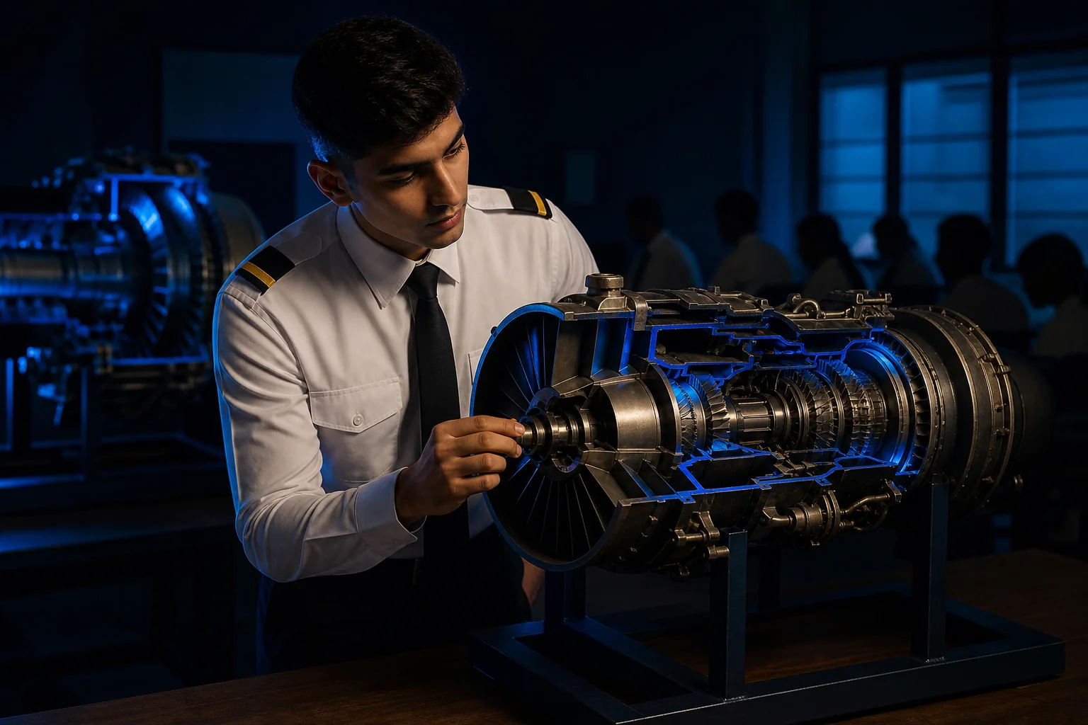 Student examining an aircraft engine or systems model during ground training. Rian Air DARK poster family: cinematic aviation photograph on a near-black deep navy canvas, an Indian trainee pilot in a white shirt with single-stripe