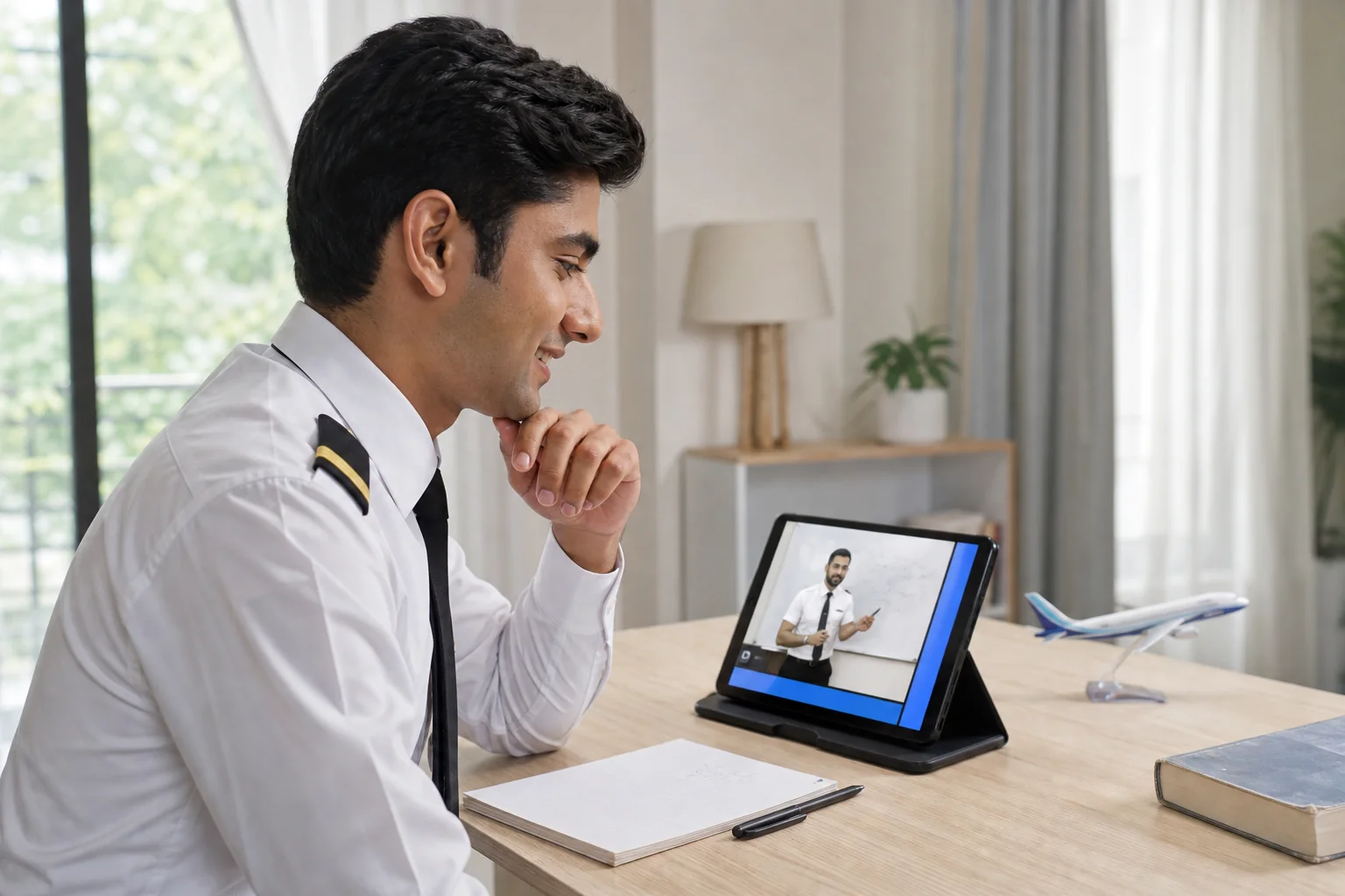 Rian Air LIGHT poster family: clean, bright white canvas with generous white space, natural daylight, an Indian trainee pilot in a white shirt with single-stripe epaulettes attending a live online ground class on a tablet at home with