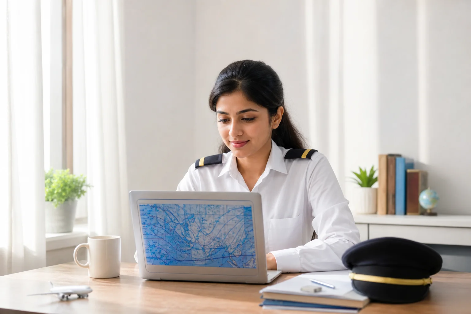 Indian pilot trainee studying on a laptop for DGCA ground school at home. Rian Air LIGHT poster family: clean, bright white canvas with the real subject centred and generous white space, natural daylight streaming through a window, an
