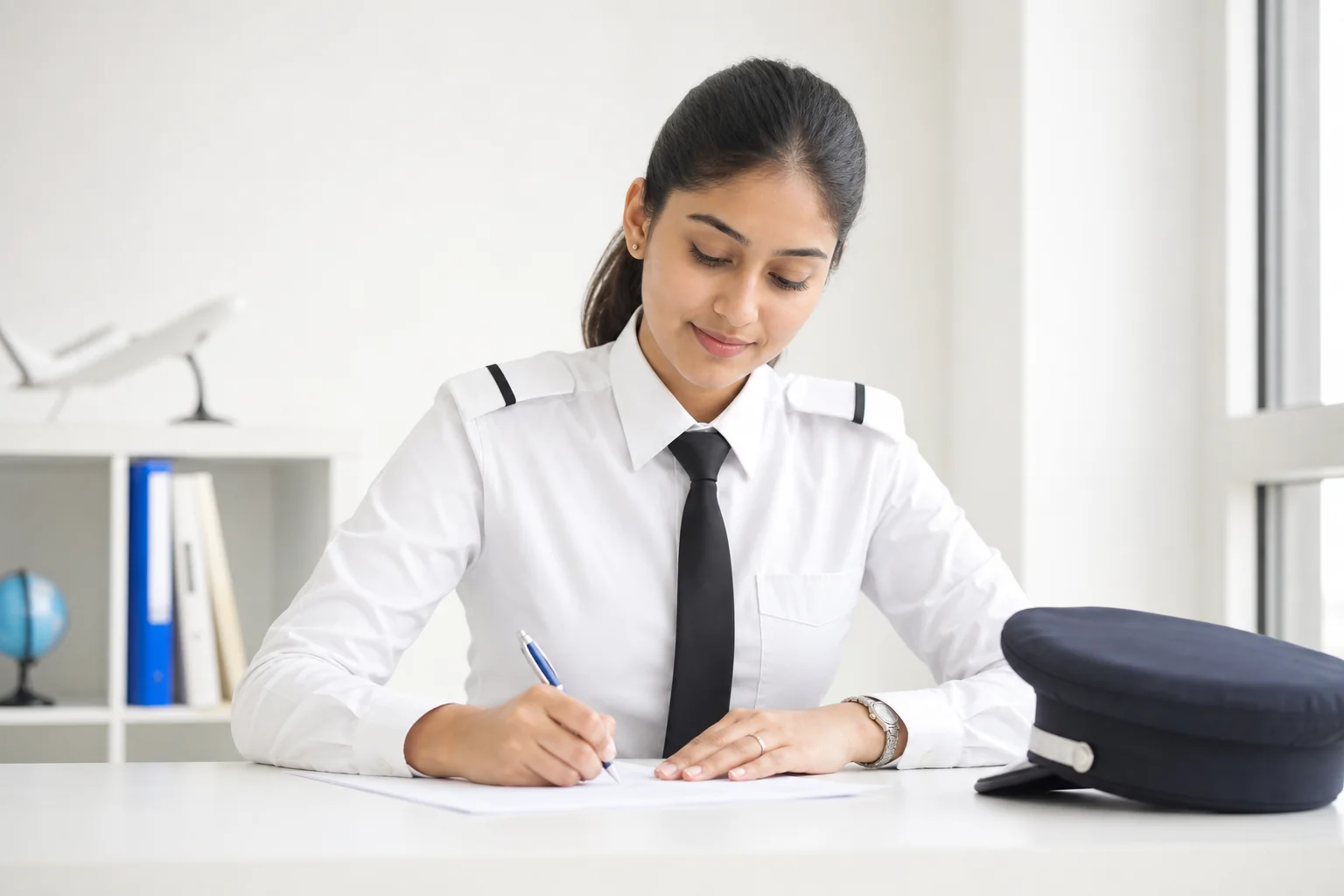 A woman trainee pilot signing a document at a desk, representing transparent written terms for the Women Empowerment Program. Rian Air LIGHT poster family: clean, bright white canvas with the real subject centred and generous white space