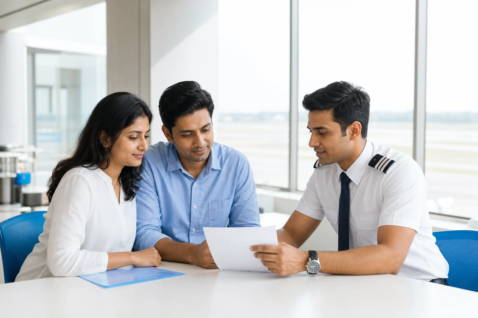 An Indian family reviewing pilot training documents and a scholarship offer letter with a trainee pilot in the background at a bright academy office. Rian Air LIGHT poster family: clean, bright white canvas with the real subject centred and
