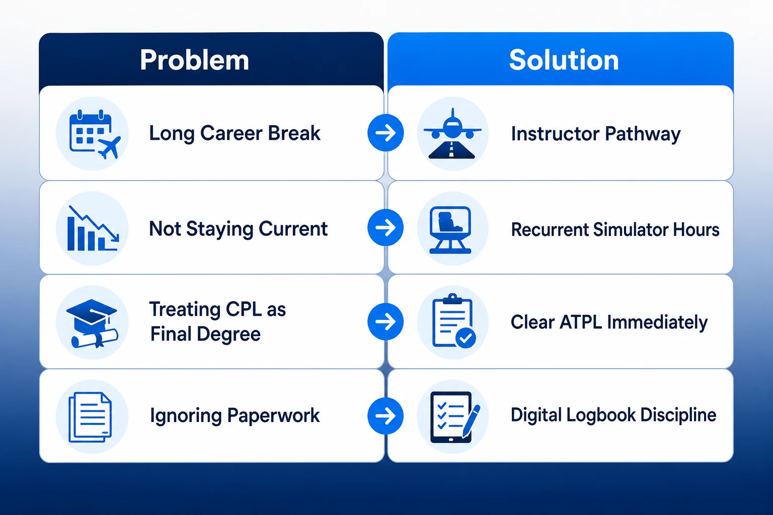 Infographic listing key problem-solution pairs behind pilot unemployment. Clean infographic on a white to deep navy gradient background using brand blue #1081f2 as accent, organized as a two-column comparison chart with clear readable