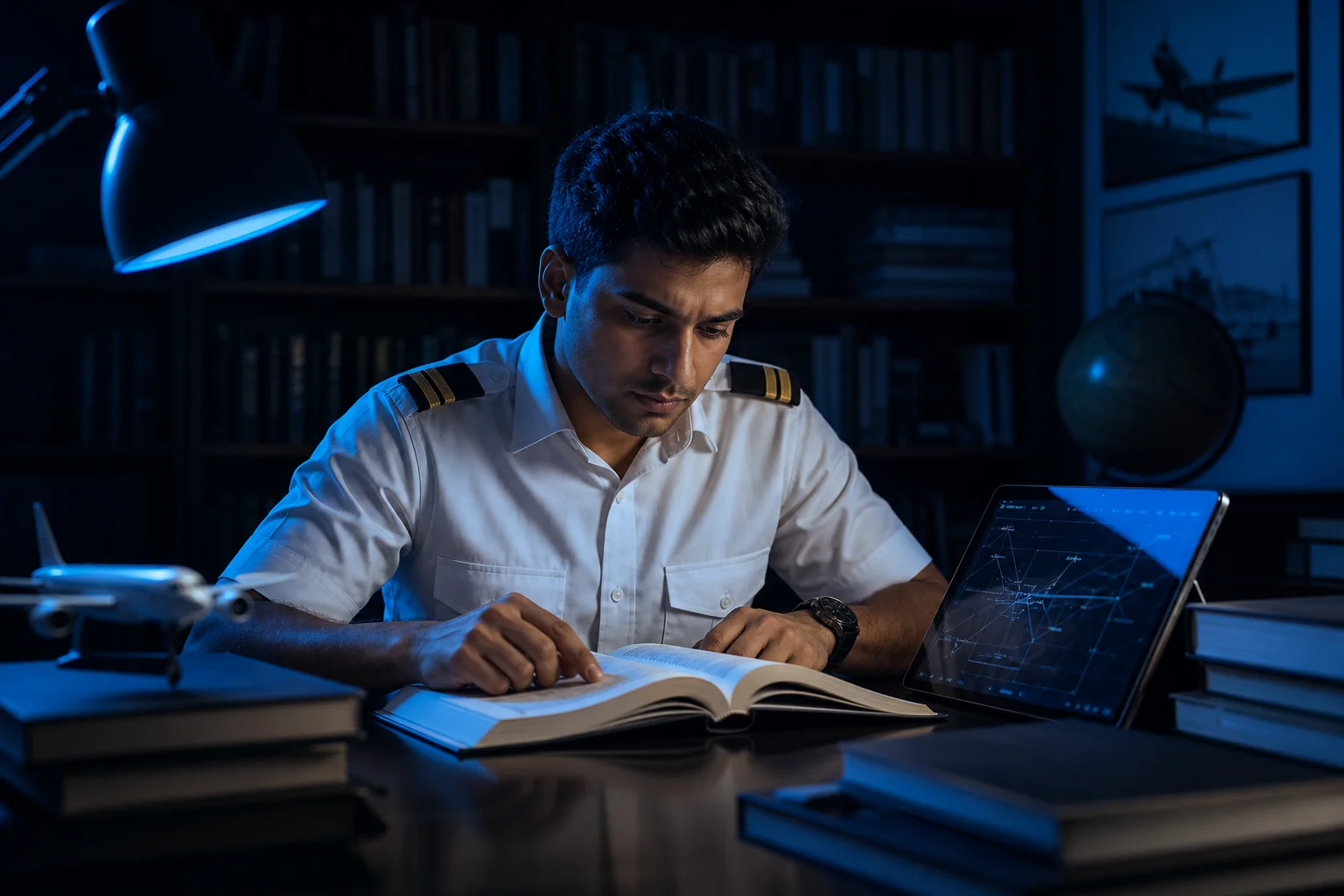 Rian Air DARK poster family: cinematic photograph of a determined Indian pilot in white shirt with single-stripe epaulettes, sitting at a desk surrounded by aviation textbooks and a tablet showing charts, studying intensely at night in a
