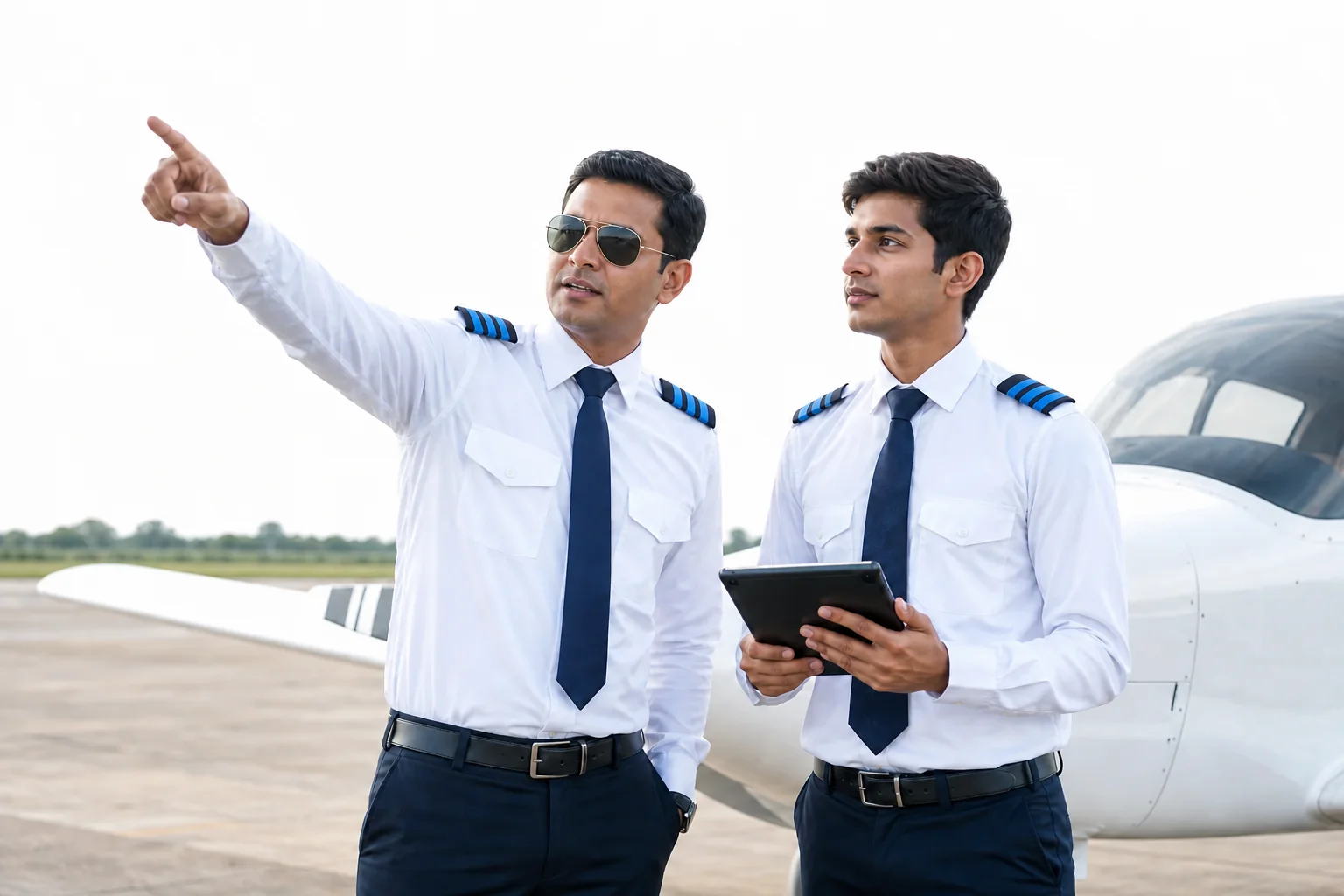 Split scene showing a flight instructor briefing a student pilot on the apron in daylight. Rian Air LIGHT poster family: clean bright white canvas, natural daylight at an airport apron in India, a flight instructor in white shirt with