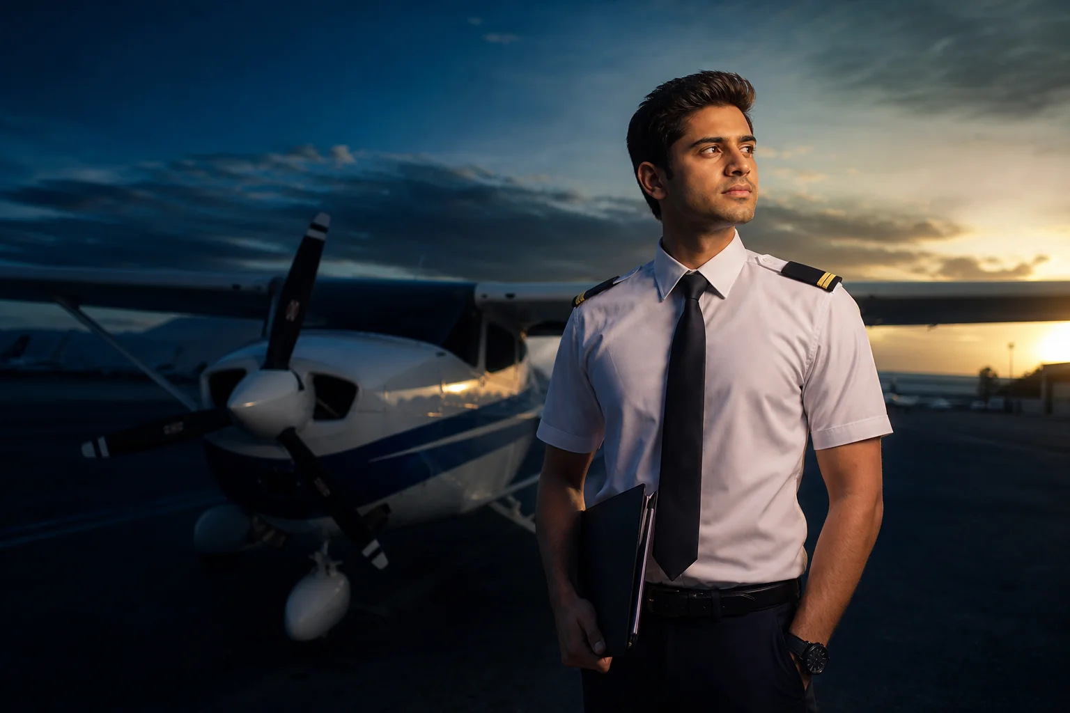 Rian Air DARK poster family: cinematic aviation photograph on a near-black deep navy canvas fading to black at the bottom edge, brand blue #1081f2 accent lighting. A young Indian pilot graduate wearing a white shirt with single-stripe