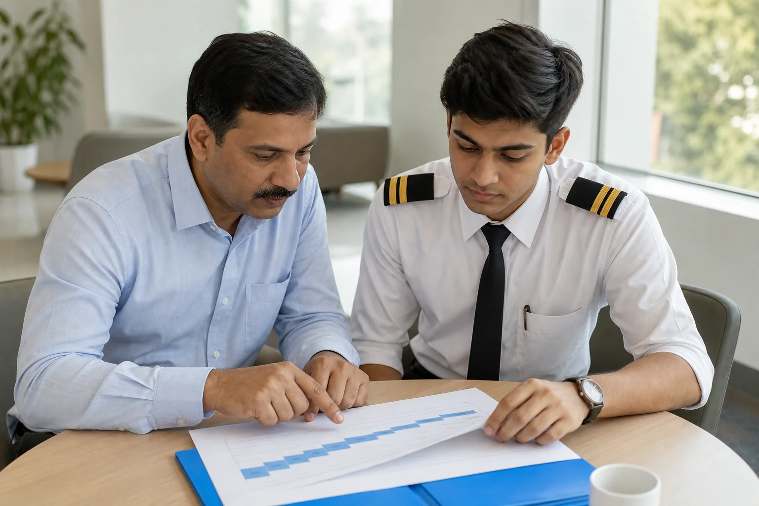 Parent and student reviewing a training plan together at an academy. Rian Air LIGHT poster family: clean, bright white canvas with generous white space, natural daylight inside an aviation academy office in Delhi. An Indian father and his