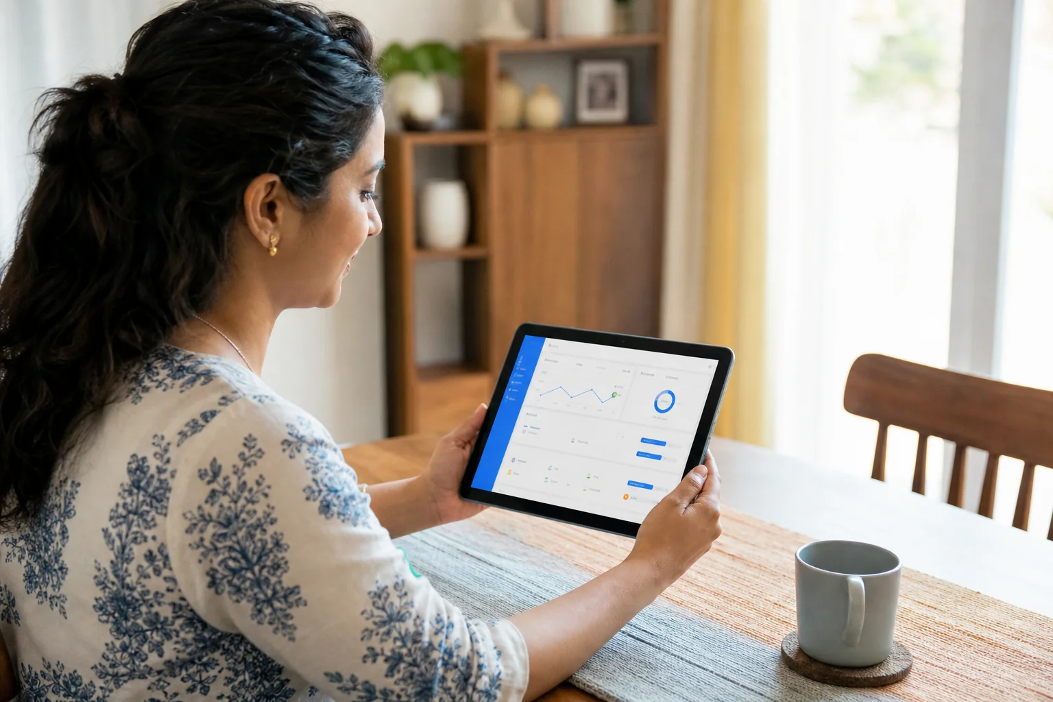 Parent viewing a digital progress dashboard on a tablet. Rian Air LIGHT poster family: clean bright white canvas, generous white space, natural daylight. An Indian mother sits at a home table holding a tablet displaying a progress dashboard