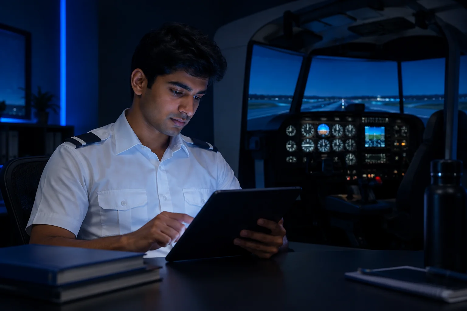 A pilot student reviewing a question bank on a tablet with a flight simulator visible nearby. Rian Air DARK poster family: cinematic aviation photograph on a near-black or deep navy canvas, bottom edge fading into black, brand blue