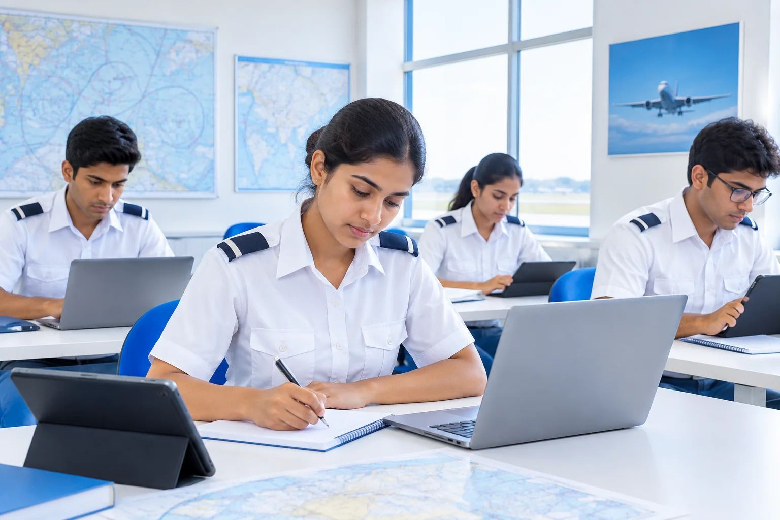 Aspiring pilot students studying together in a bright library-style study space using laptops and tablets. Rian Air LIGHT poster family: clean, bright white canvas with the real subject centred and generous white space, natural daylight at