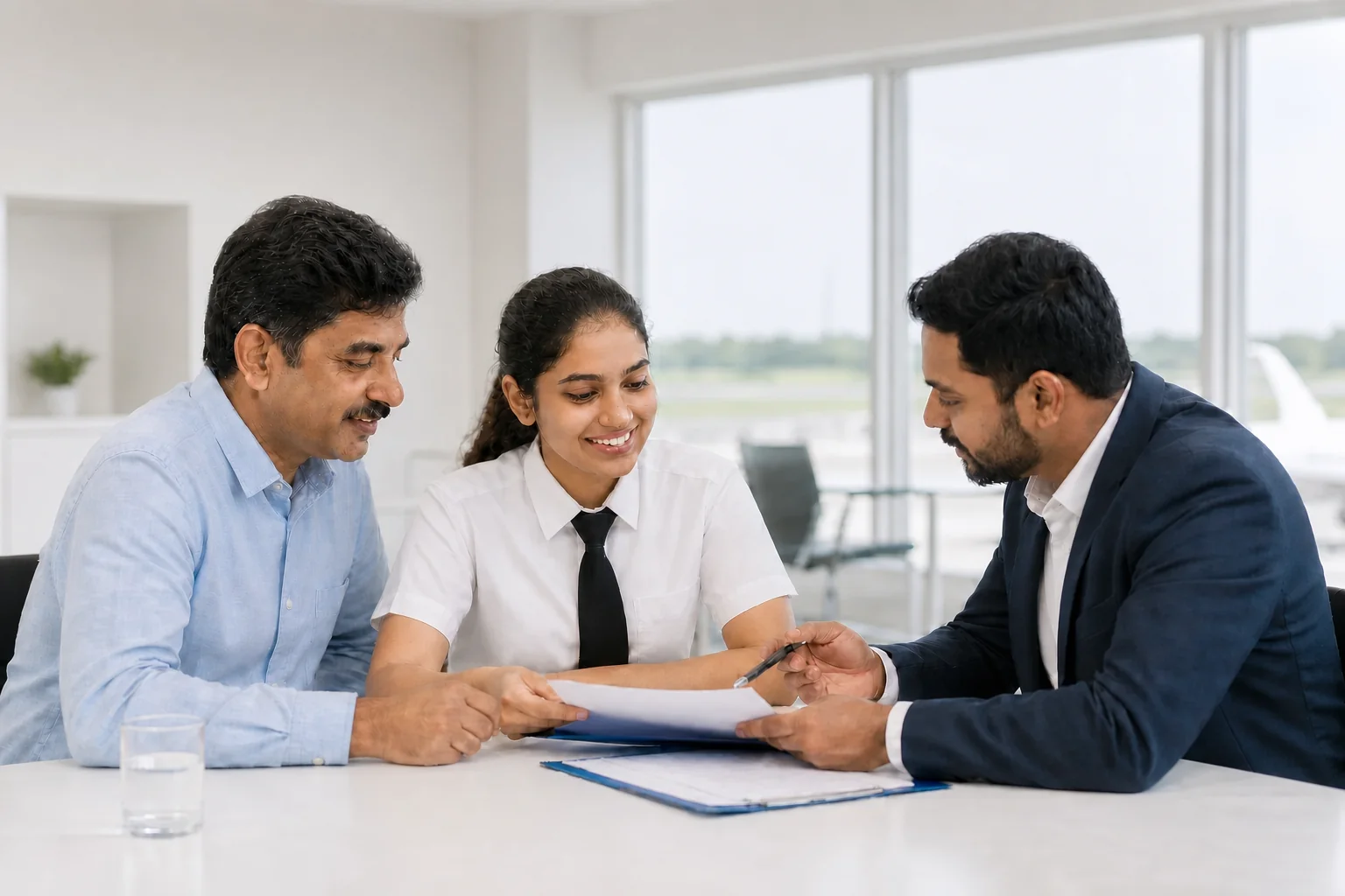 Parent and student reviewing loan paperwork with a bank representative at a bright academy office. Rian Air LIGHT poster family: clean, bright white canvas with the real subject centred and generous white space, natural daylight at the