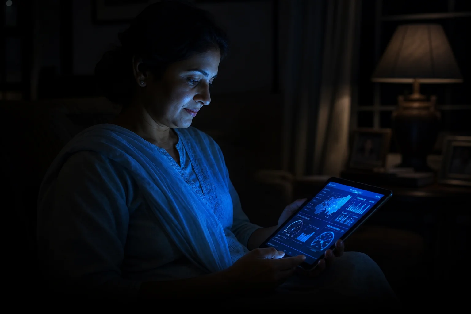 A night-time view of an Indian trainee pilot studying DGCA ground subjects at a desk, with a question bank open on screen