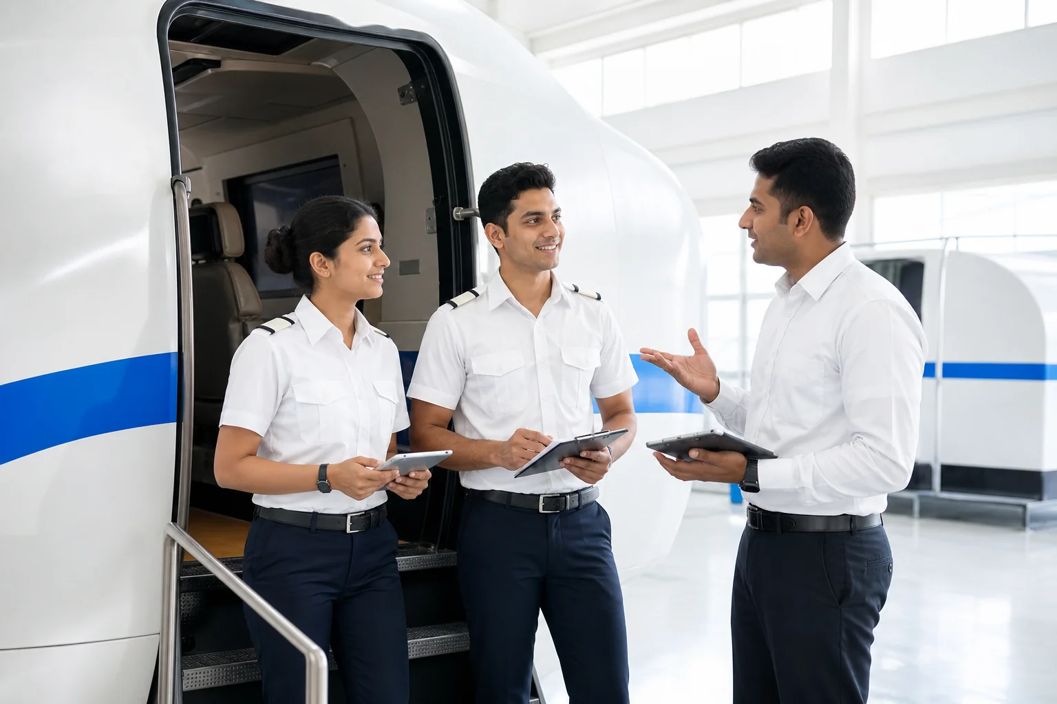 Trainee pilots seated at a C172 fixed-base simulator in Kerala, running a practice sortie with an instructor beside them