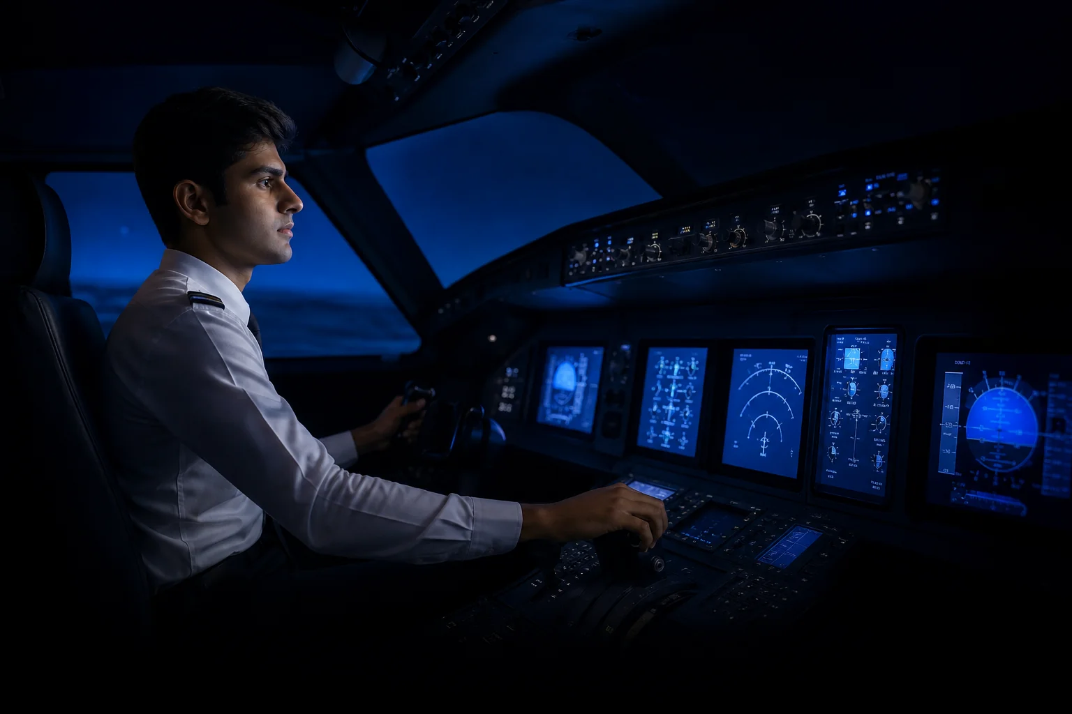 Trainee pilot inside a fixed-base flight simulator cockpit after clearing ground exams. Rian Air DARK poster family: cinematic aviation photograph of a flight-simulator cockpit interior on a near-black deep navy canvas, bottom edge fading