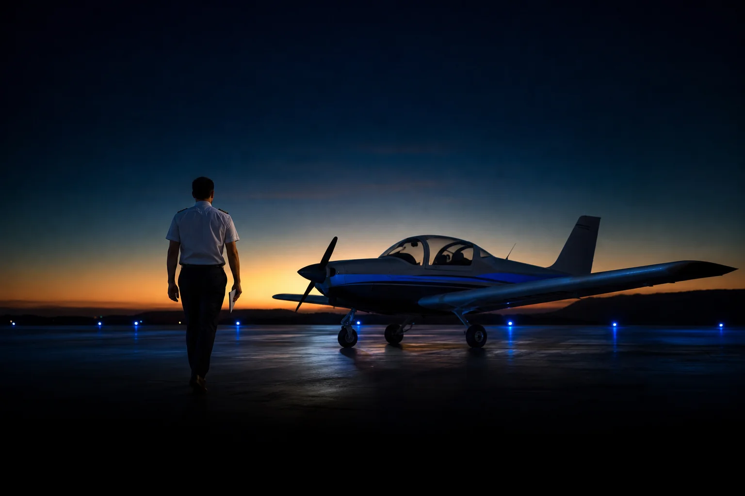 Rian Air DARK poster family: cinematic aviation photograph of a training aircraft parked on the apron at golden hour, near-black deep navy sky fading to warm horizon light, bottom edge fading into black, brand blue (#1081f2) as the only