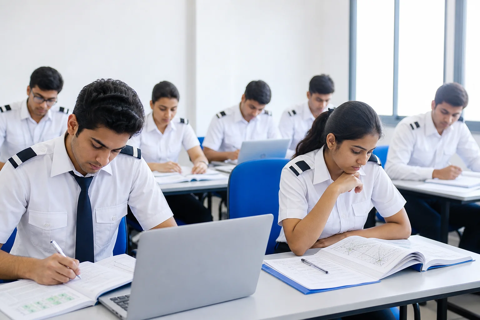 Indian student pilots in a bright classroom studying DGCA ground subjects before flight training. Rian Air LIGHT poster family: clean, bright white canvas with the real subject centred and generous white space, natural daylight in an