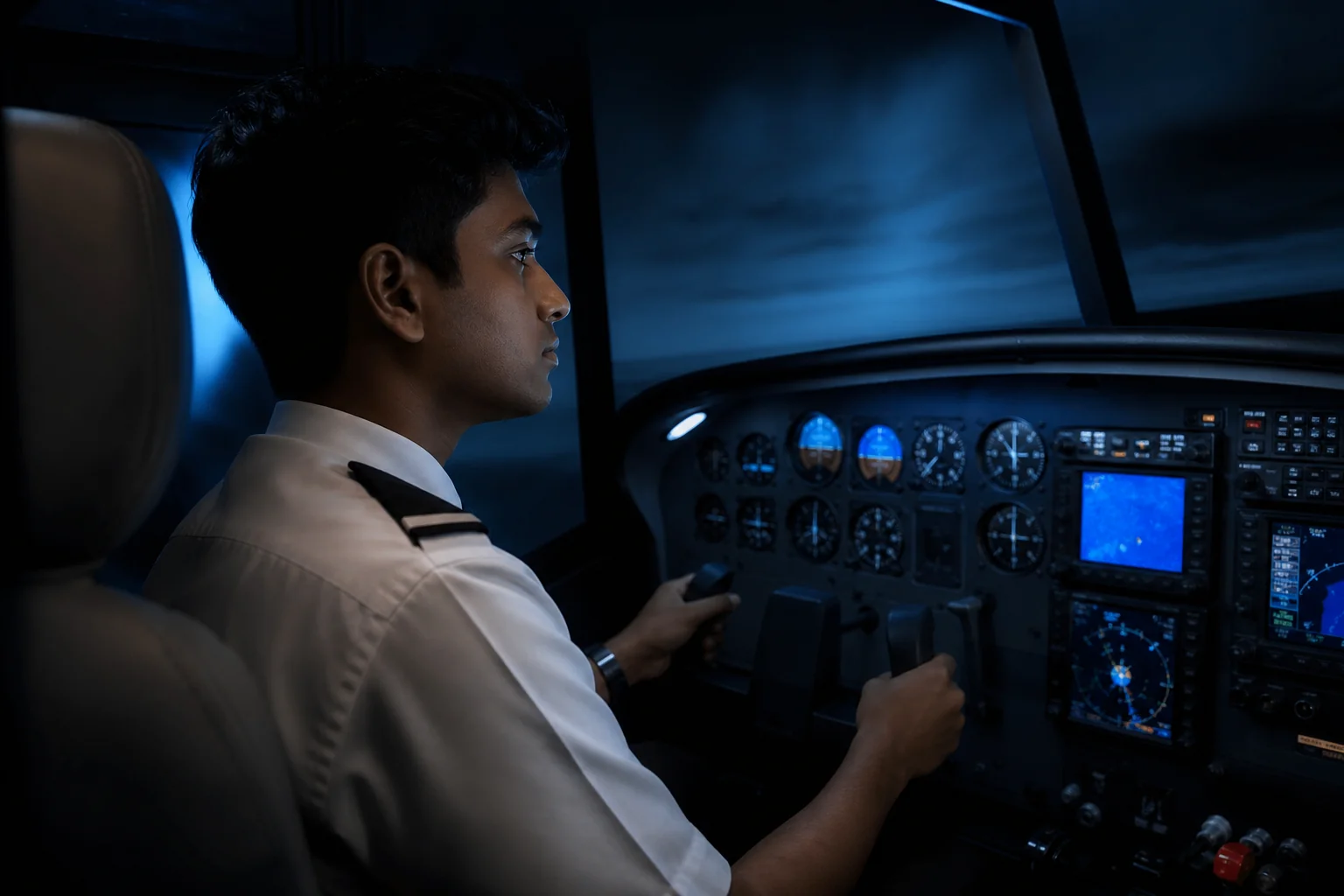 Trainee practicing inside a C172 fixed-base simulator cockpit. Rian Air DARK poster family: cinematic aviation photograph of a young Indian trainee pilot, wearing a white shirt with single-stripe epaulettes, seated inside a realistic C172