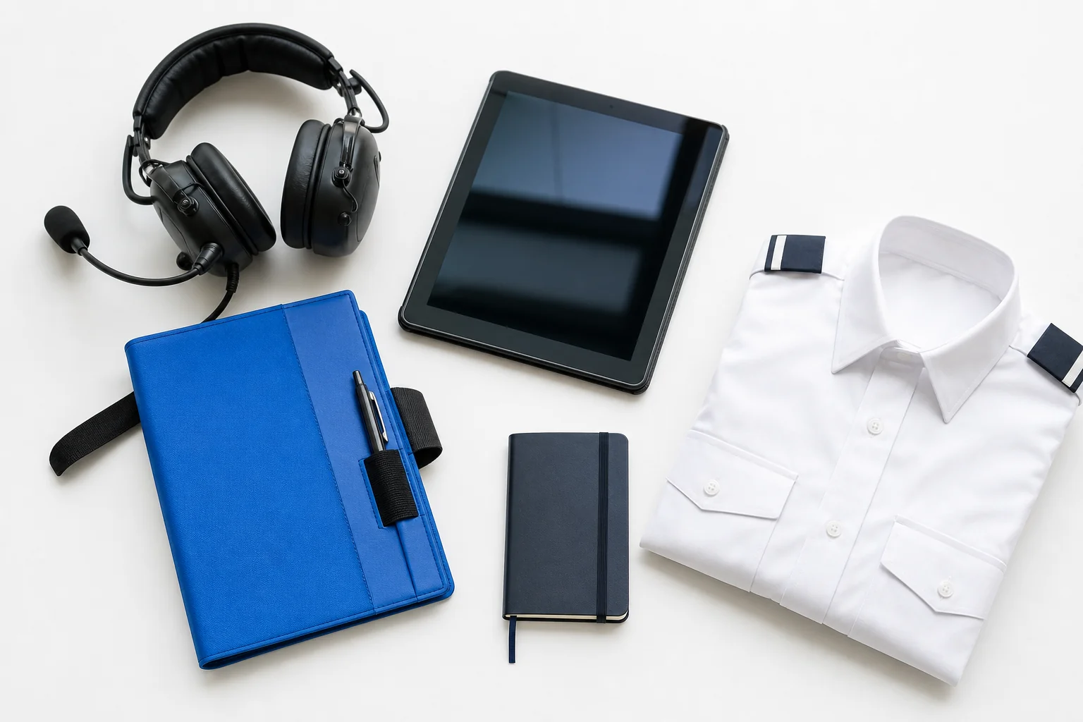 Flatlay-style real photo of pilot gear items laid out: headset, kneeboard, logbook, epaulettes, iPad. Rian Air LIGHT poster family: clean bright white canvas photograph, natural daylight, a real flatlay of pilot training gear including a