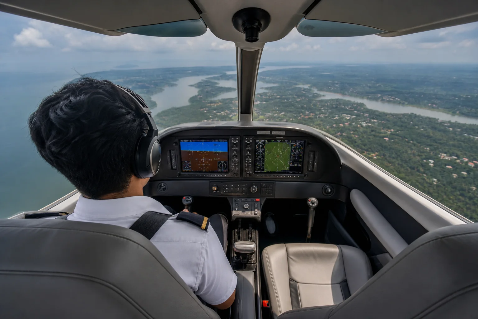 Close up of glass cockpit avionics in a modern training aircraft. Rian Air DARK poster family: cinematic aviation photograph on a near-black or deep navy canvas, bottom edge fading into black, brand blue (#1081f2) as the only accent.