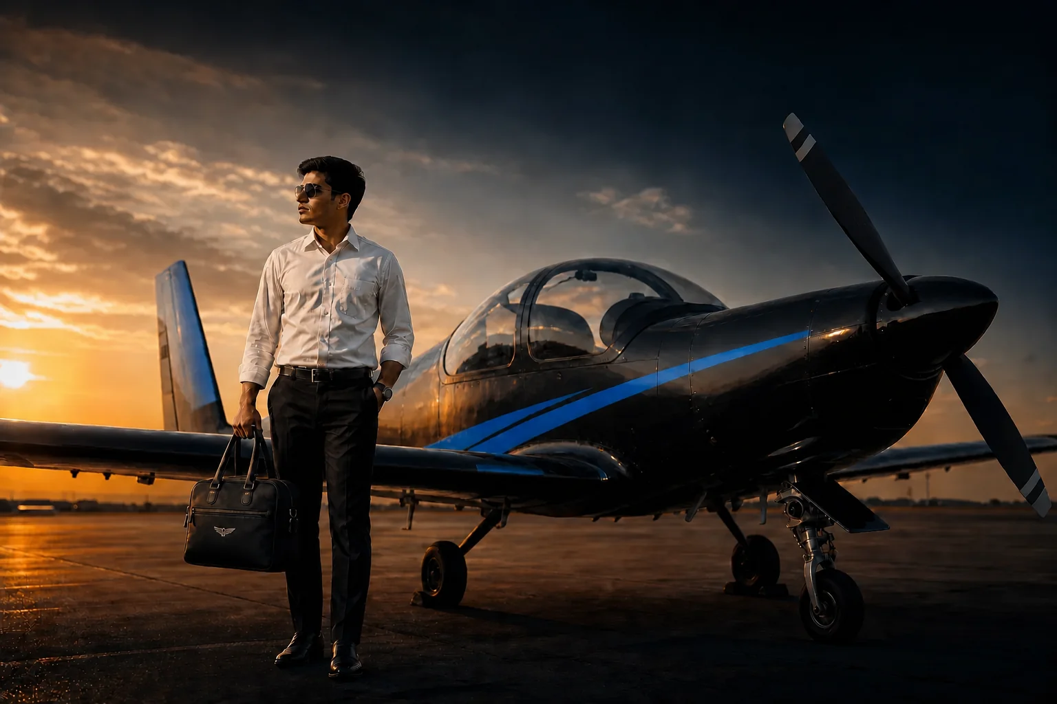 Indian student pilot training abroad on the apron with a foreign registration training aircraft at golden hour. Rian Air DARK poster family: cinematic aviation photograph of a training aircraft on the apron at golden hour, near-black deep