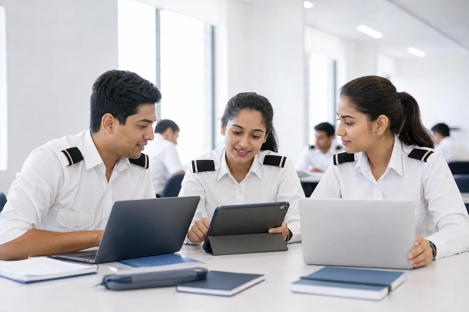 Group of diverse Indian trainee pilots studying together using laptops and tablets in a modern academy library space. Rian Air clean white: bright daylight photograph of three diverse Indian trainee pilots, men and women, white shirts with