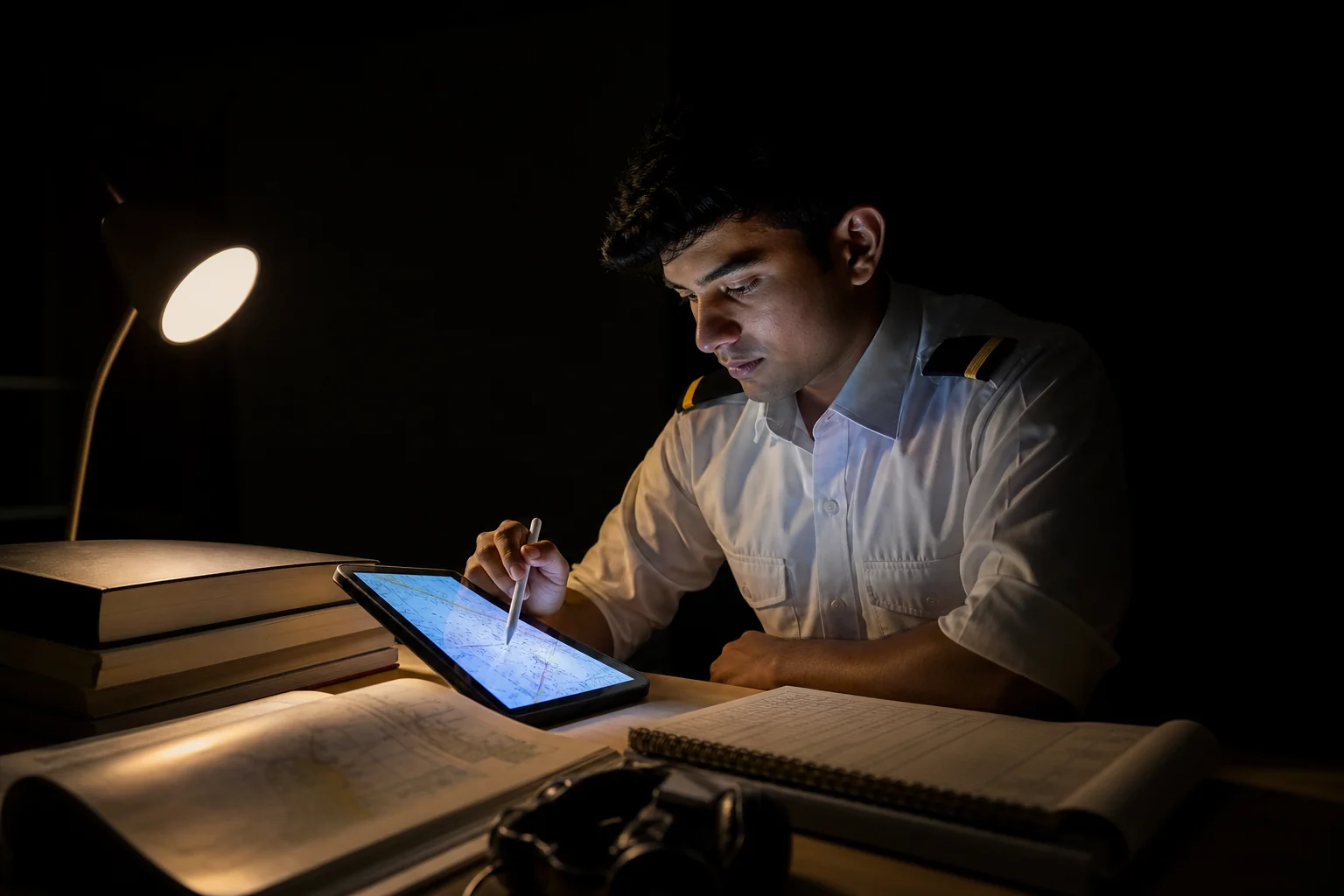 A pilot aspirant studying late at night on a tablet with aviation charts and books. Rian Air dark cinematic: cinematic photograph of a young Indian aspiring pilot in a white shirt with single-stripe epaulettes, sitting alone at a desk late