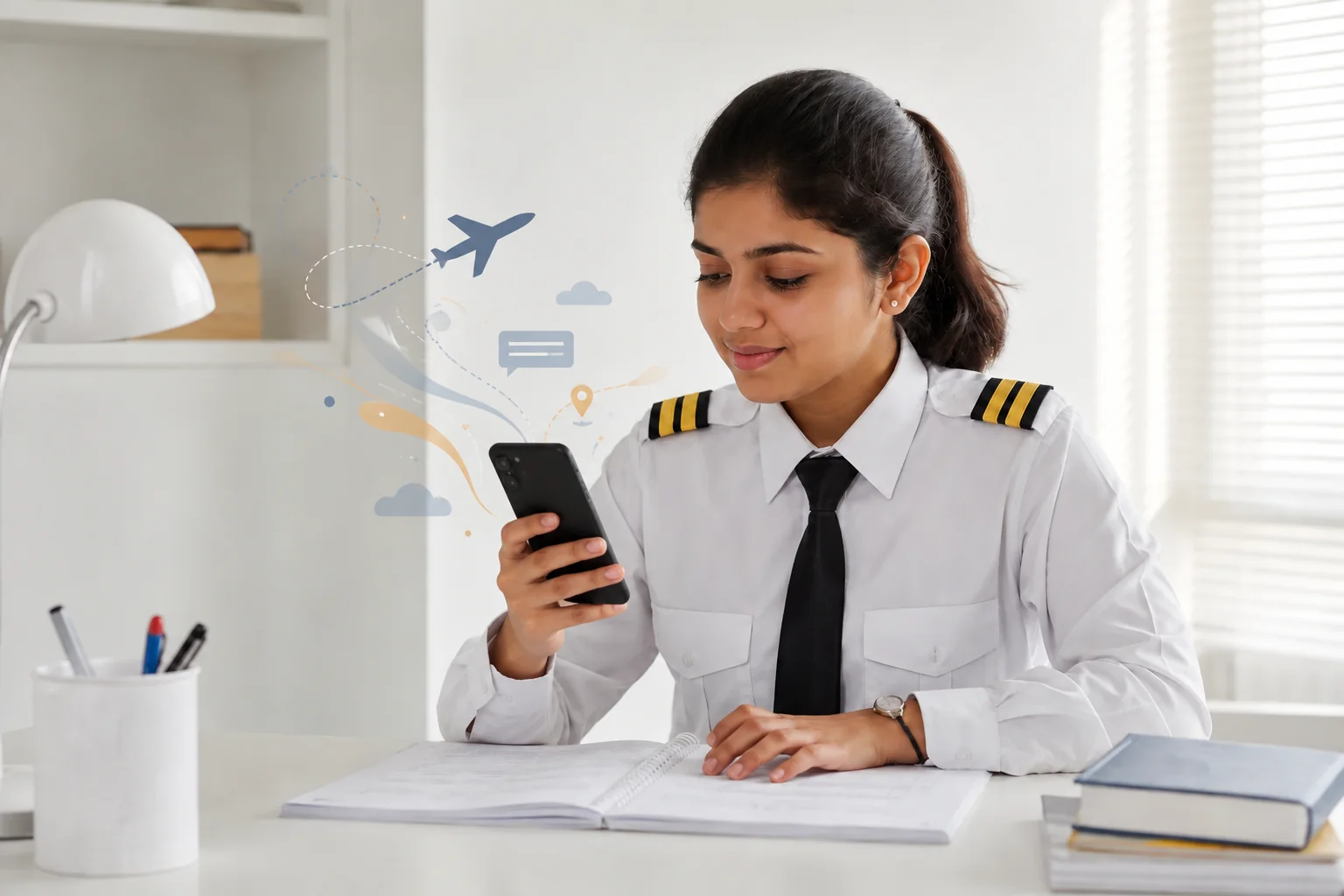 Female pilot aspirant using a phone app to review flashcards or question bank in a bright study room. Rian Air clean white: bright daylight photograph of a young Indian woman aspiring pilot, white shirt with single-stripe epaulettes, seated