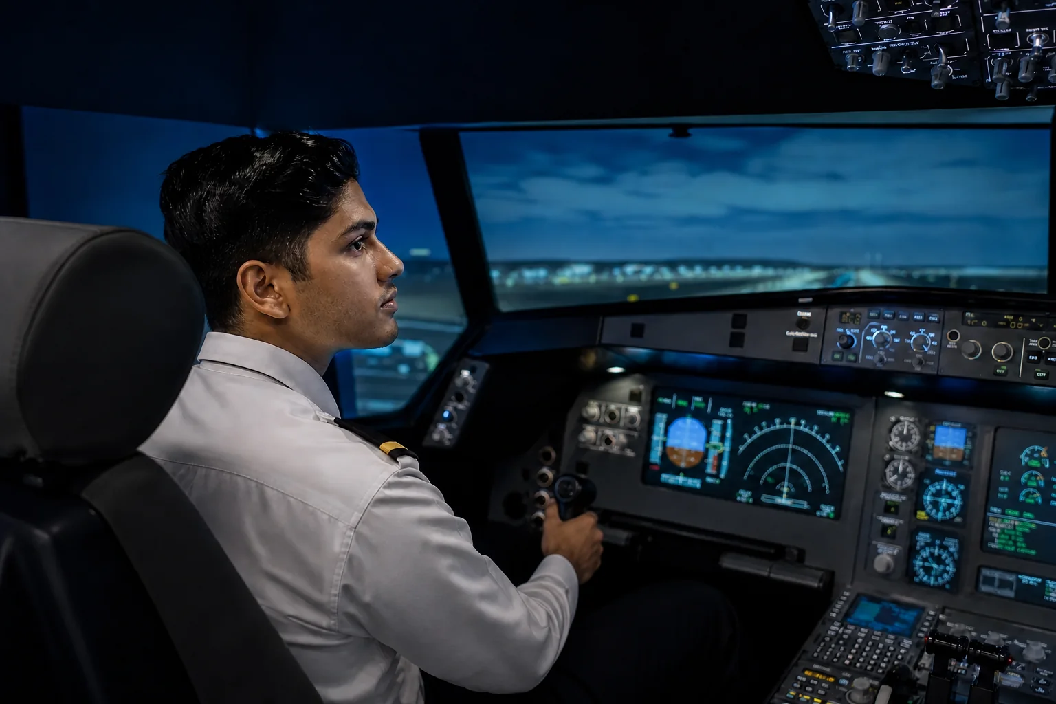 Indian first officer trainee in cockpit simulator preparing for airline type rating. Rian Air dark cinematic: cinematic photograph of a young Indian trainee pilot, white shirt with single-stripe epaulettes, seated in a full-motion flight