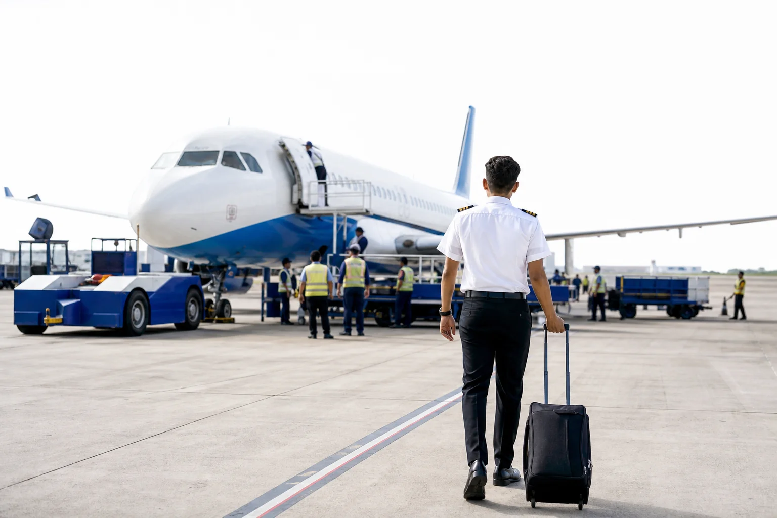 Busy Indian regional airport apron showing growth in air travel under UDAN with aircraft and ground crew. Rian Air clean white: bright daylight photograph of a busy regional Indian airport apron with a narrow-body aircraft being prepared