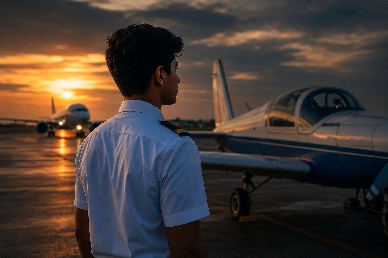 Young Indian CPL holder standing at crossroads of career decision, looking at aircraft on tarmac. Rian Air dark cinematic: cinematic aviation photograph of a young Indian trainee pilot in a white shirt with single-stripe epaulettes standing