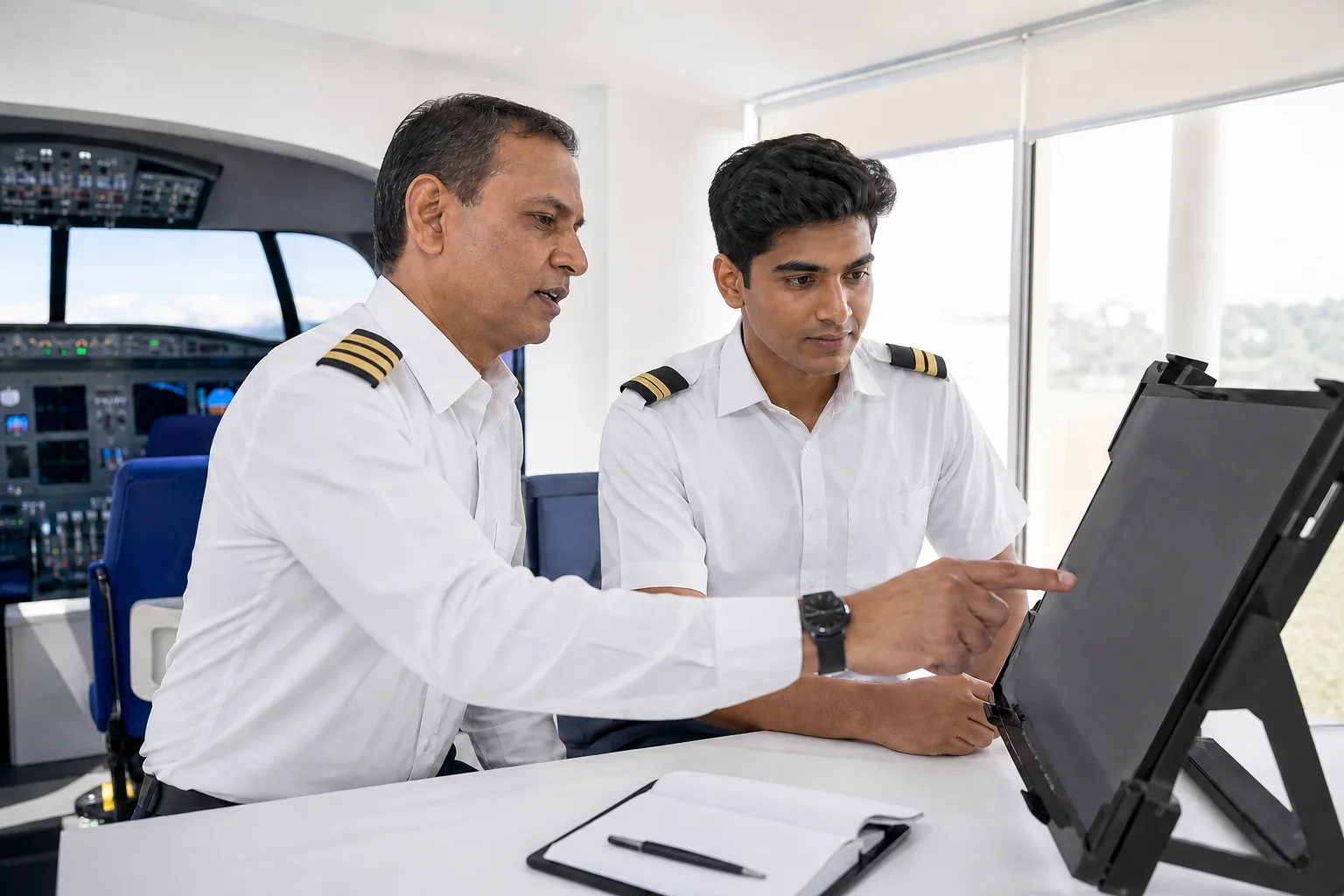 An experienced Indian pilot instructor reviewing flight training records with a student in a simulator room. Rian Air LIGHT poster family: clean, bright white canvas, generous white space, natural daylight inside a modern flight simulator
