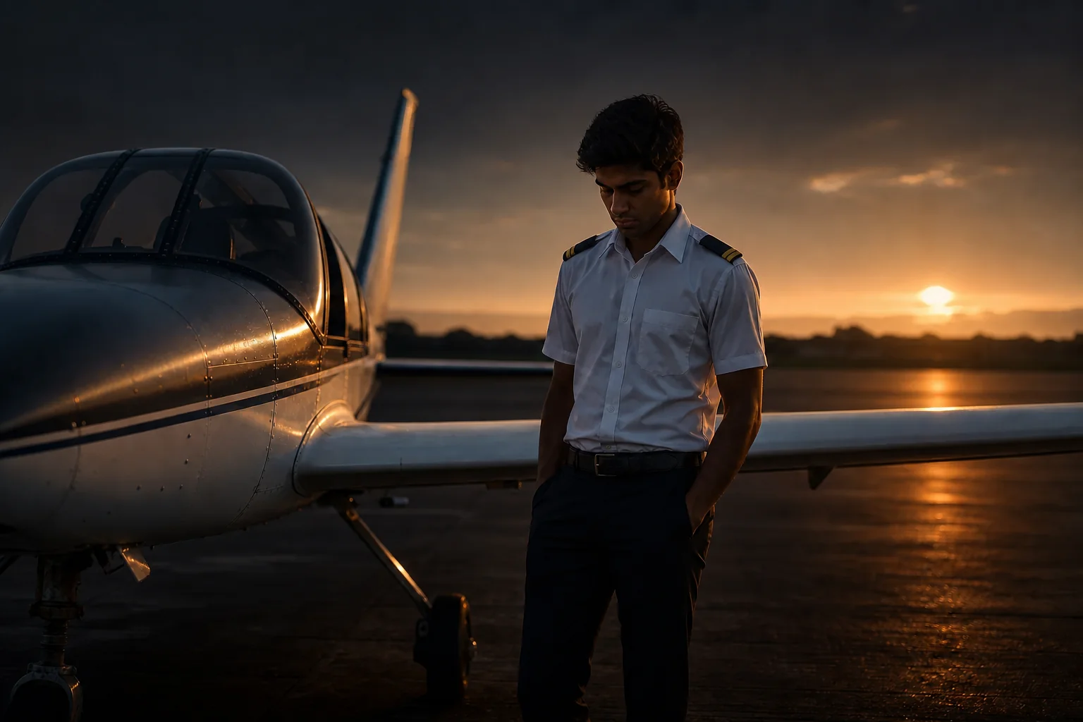 A young Indian trainee pilot standing outside a training aircraft looking thoughtful. Rian Air DARK poster family: cinematic aviation photograph of a training aircraft on the apron at golden hour, near-black to deep navy canvas fading to