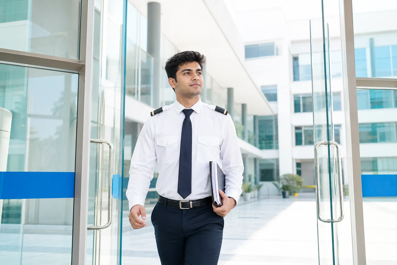 Aspiring pilot student walking into a modern Delhi training facility. Rian Air LIGHT poster family: clean, bright white canvas with the real subject centred and generous white space, natural daylight at the airport or academy, brand blue