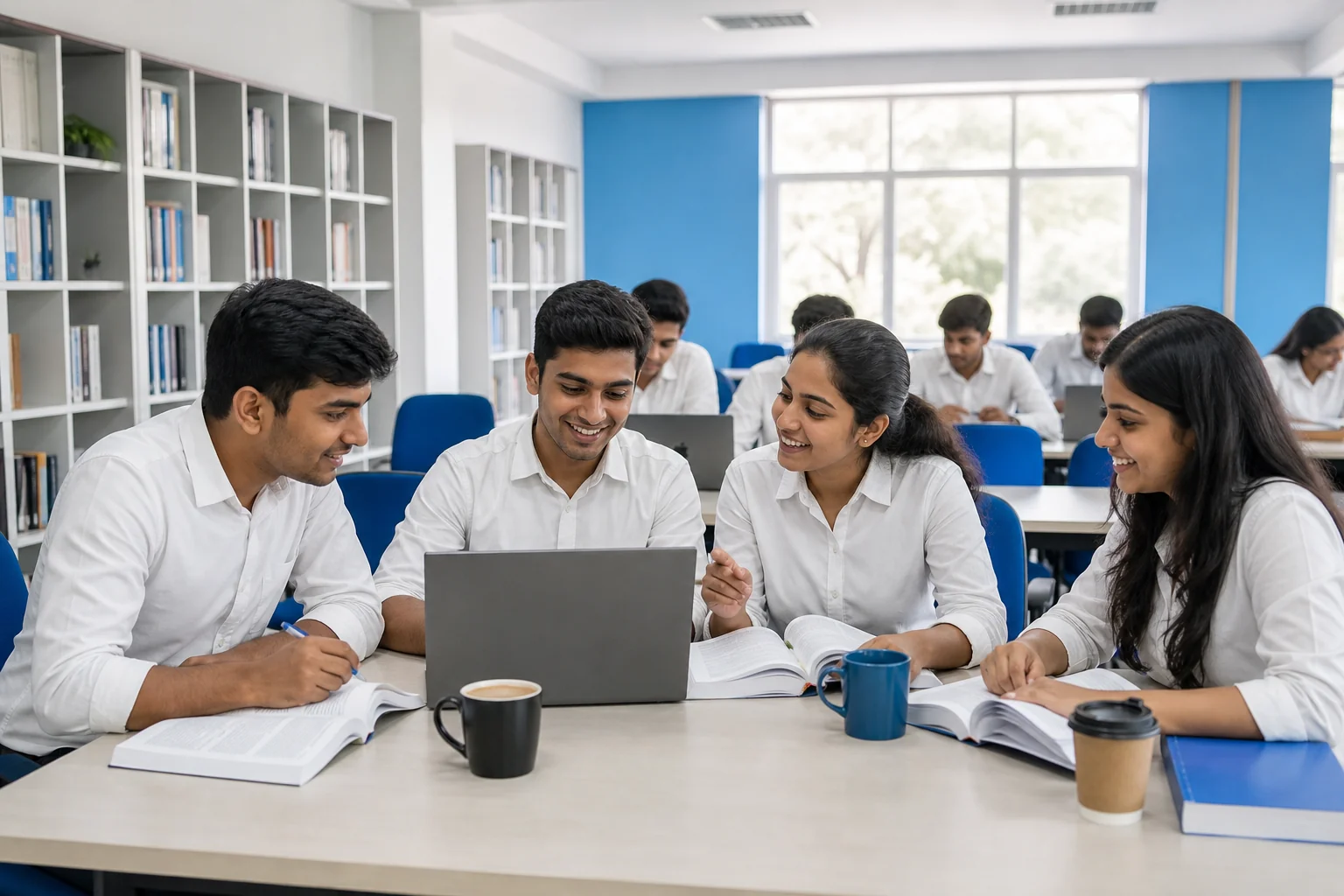 Students studying together in a 24x7 library with laptops and DGCA study material. Rian Air LIGHT poster family: clean, bright white canvas with generous white space, natural daylight, brand blue (#1081f2) as the only accent.