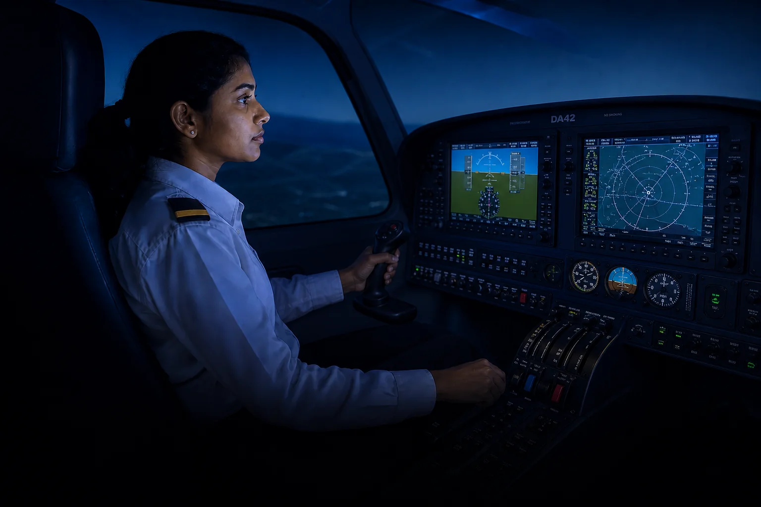 Trainee inside a DA40/42 hybrid flight simulator cockpit in Delhi. Rian Air DARK poster family: cinematic aviation photograph on a near-black or deep navy canvas, bottom edge fading into black, brand blue (#1081f2) as the only accent.