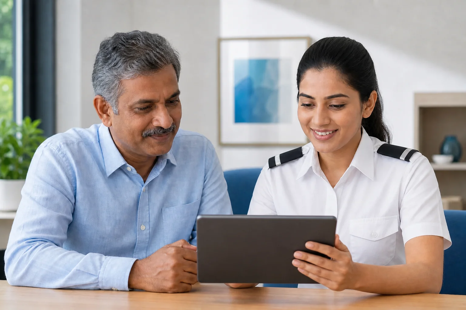 Parent and student reviewing training costs and progress on a tablet dashboard. Rian Air LIGHT poster family: clean, bright white canvas, generous white space, natural daylight, brand blue (#1081f2) as the only accent. Hyper-realistic photo
