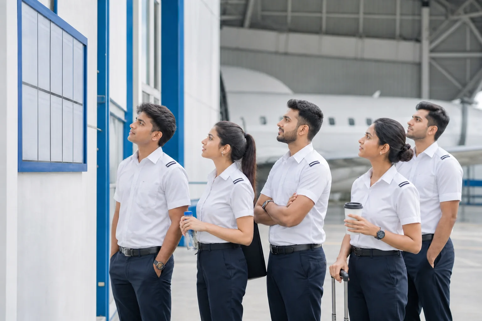 A line of trainee pilots waiting near a hangar for their turn to fly, showing overcrowding. Rian Air LIGHT poster family: clean, bright white canvas, natural daylight, brand blue accent only. Hyper-realistic photograph of several distinct