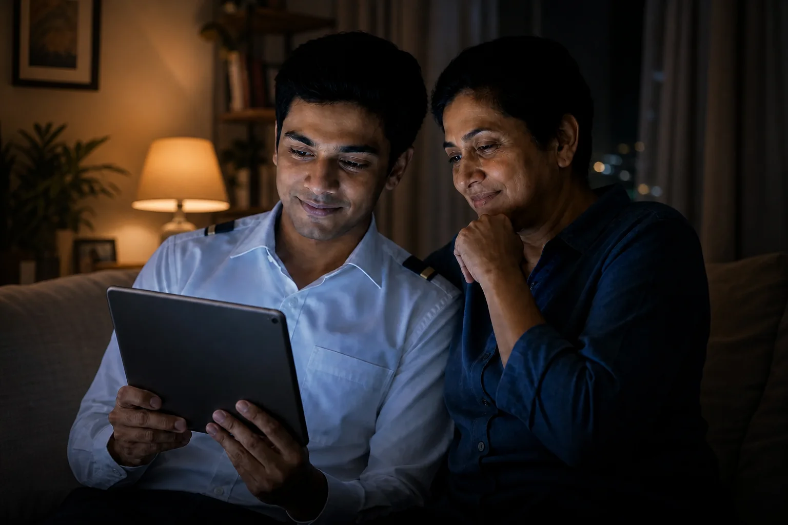 the back of the tablet should be shown in the image, it looks like they are looking at the back and smiling for no reason