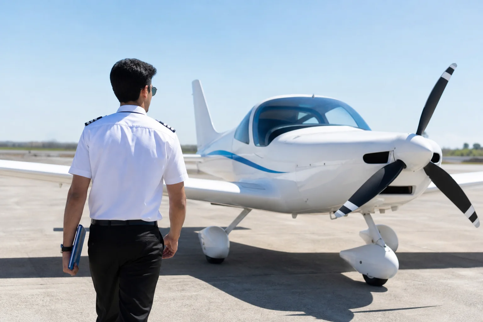 An Indian student pilot walking confidently toward a modern training aircraft on a bright apron. Rian Air LIGHT poster family: clean, bright white canvas with the real subject centred and generous white space, natural daylight at the
