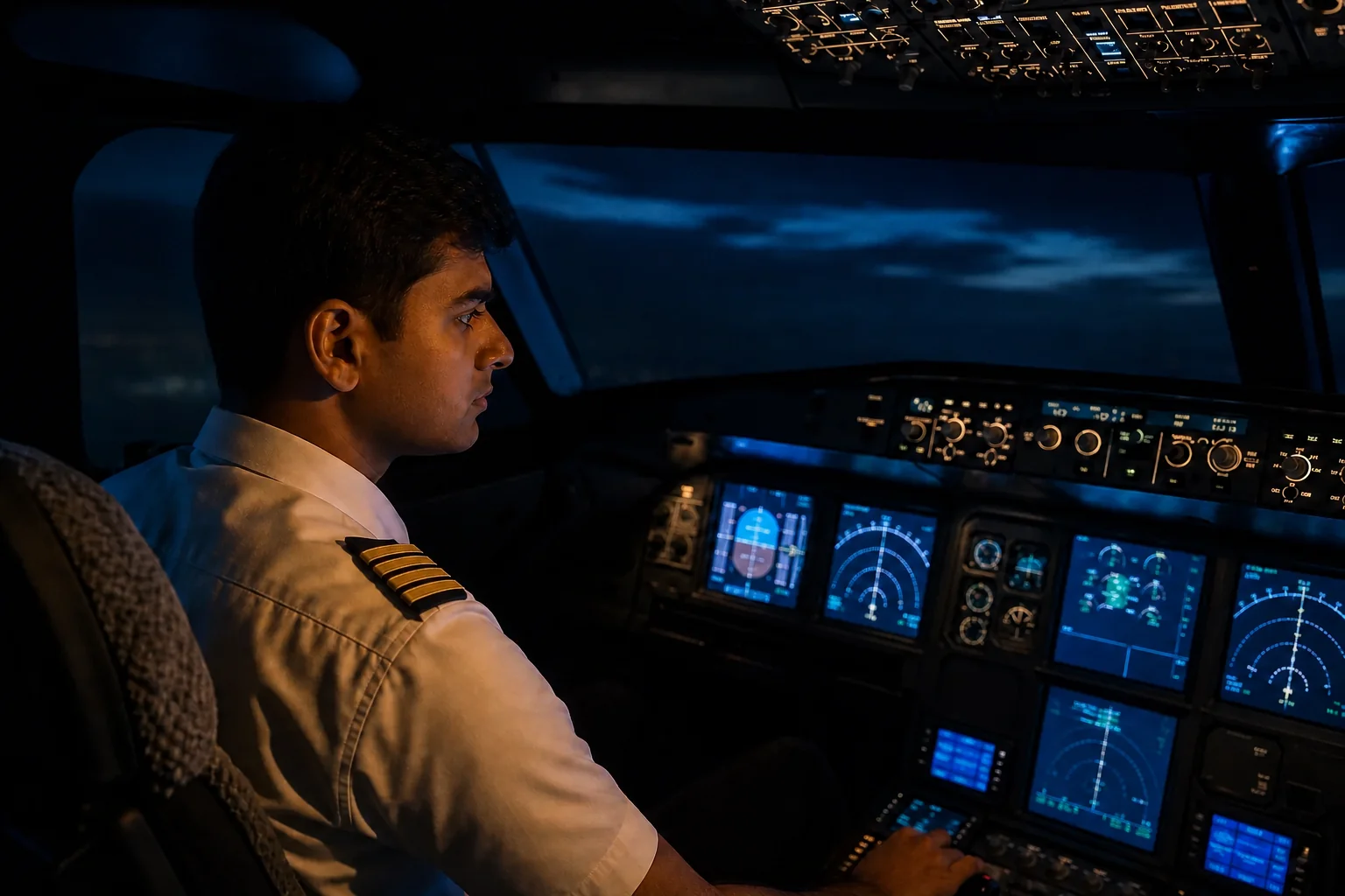 Contrast of an old worn cockpit panel versus a modern glass cockpit simulator. Rian Air DARK cinematic aviation photograph: a modern glass-cockpit flight simulator interior at night, illuminated blue instrument panels glowing against a