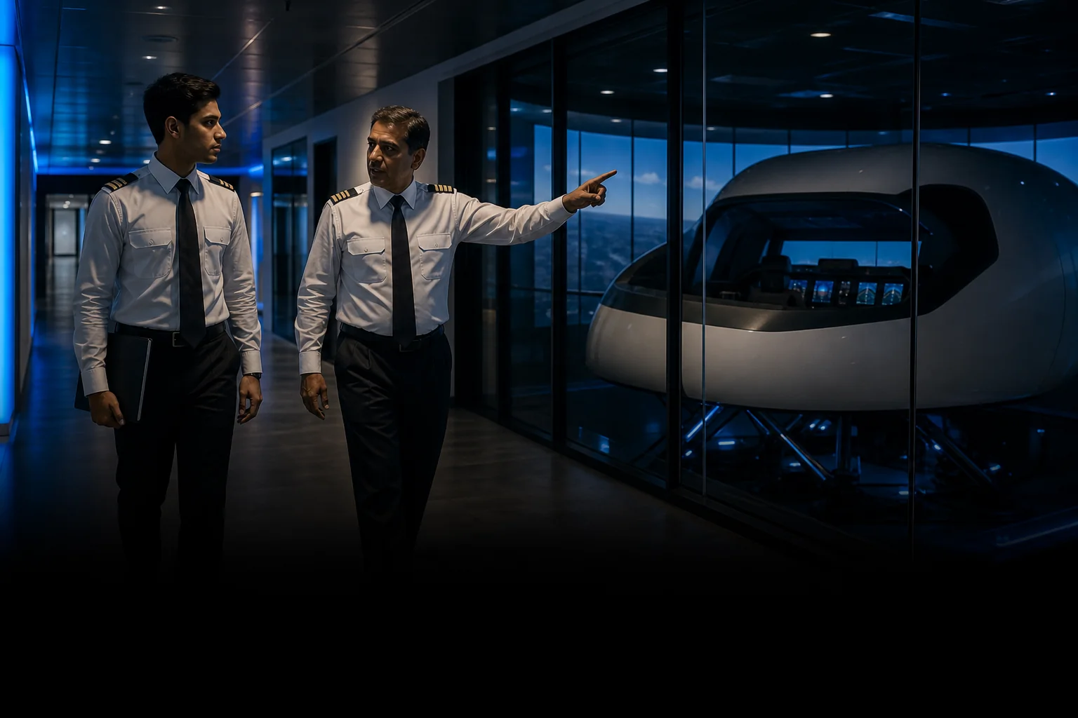 Aspiring pilot touring a modern Delhi training academy building with instructor. Rian Air DARK poster family: cinematic aviation photograph on a near-black or deep navy canvas, bottom edge fading into black, brand blue (#1081f2) as the only