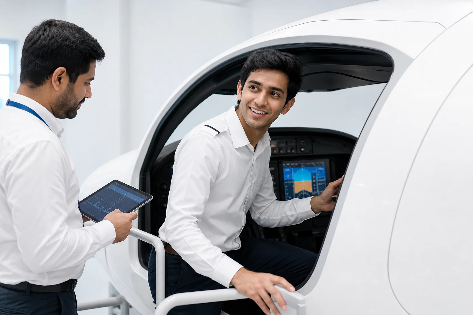 Student pilot stepping toward a flight simulator after finishing ground school. Rian Air LIGHT poster family: clean, bright white canvas with the real subject centred and generous white space, natural daylight at the academy, brand blue