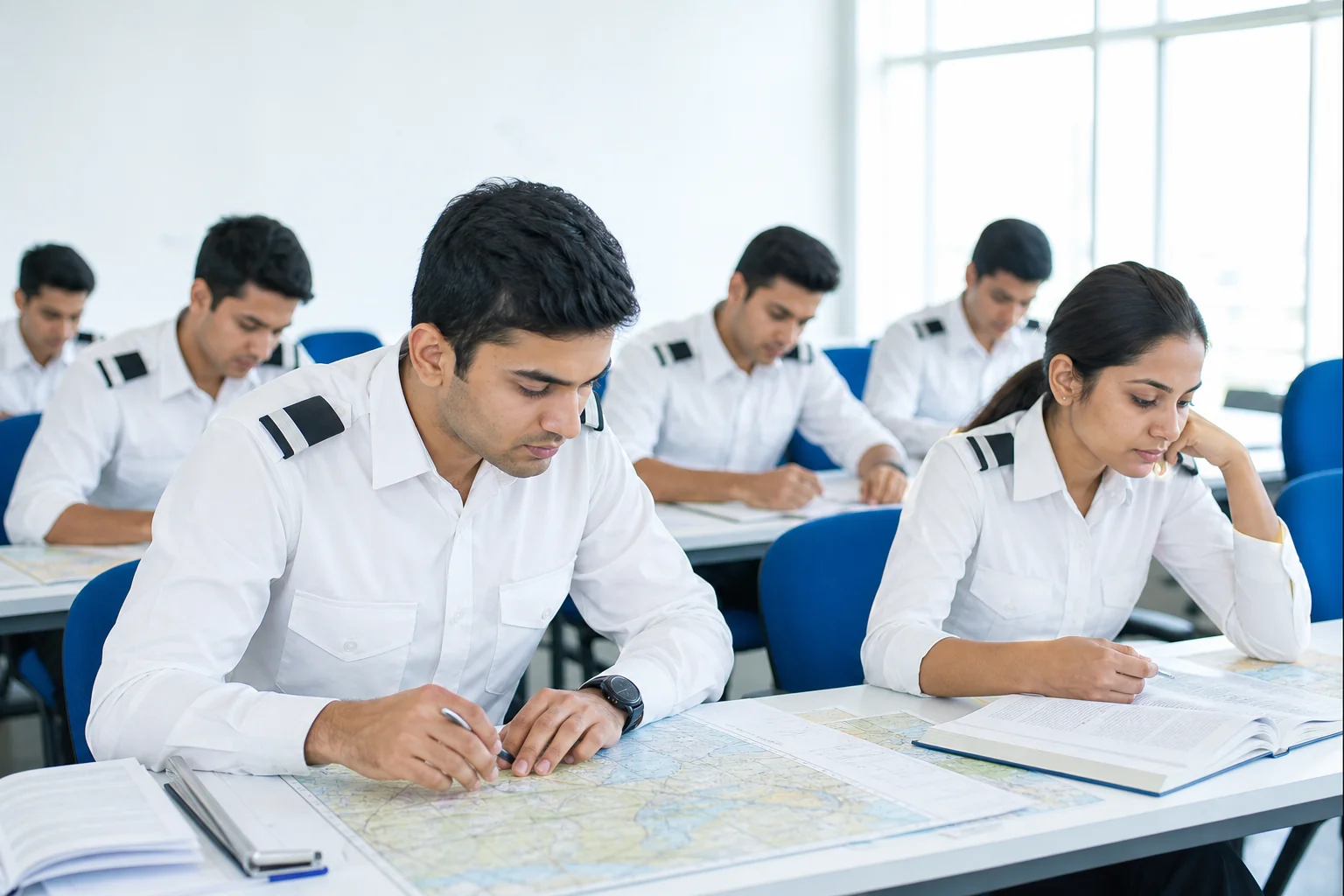 Young aspiring pilots in a bright Delhi classroom studying DGCA ground school material. Rian Air LIGHT poster family: clean, bright white canvas with the real subject centred and generous white space, natural daylight at the airport or